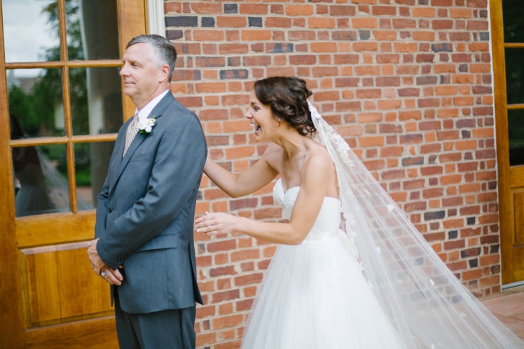 bride sees her father for first time in wedding dress, father first look, natural light photography, Furman chapel, Furman wedding, greenville wedding photography